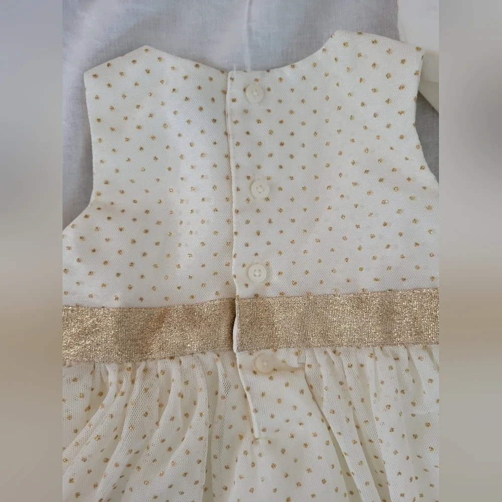 Just One You 3pc Ivory & glitter gold polkadot dress w/ gold cardigan 3m